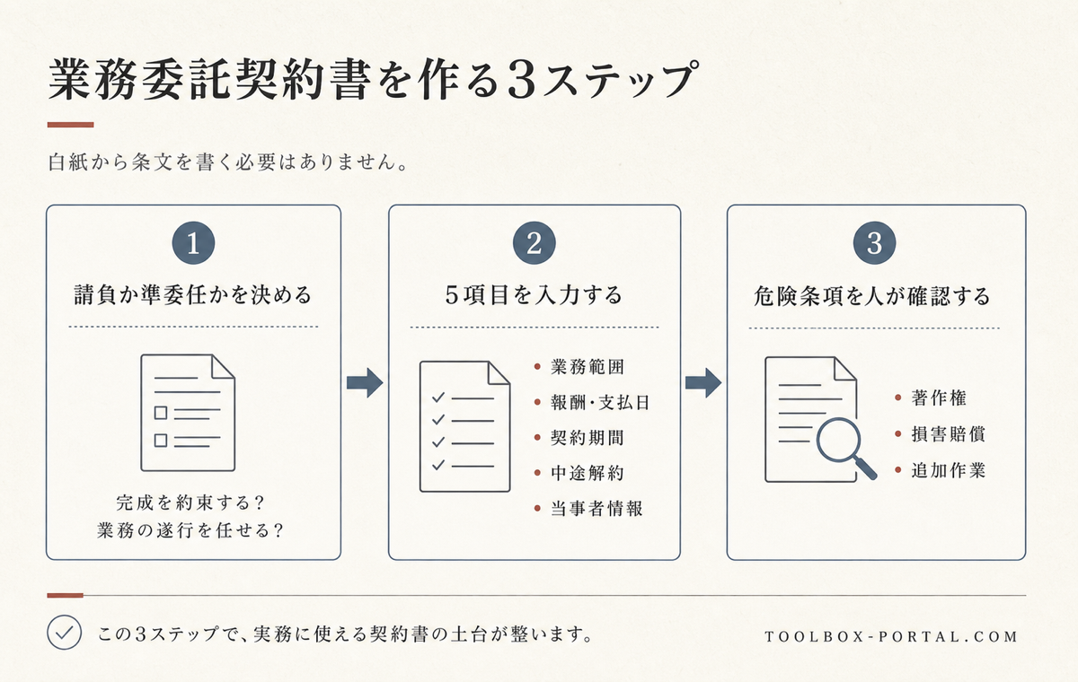 業務委託契約書を作る3ステップ。請負か準委任かを決め、5項目を入力し、危険条項を人が確認する流れ
